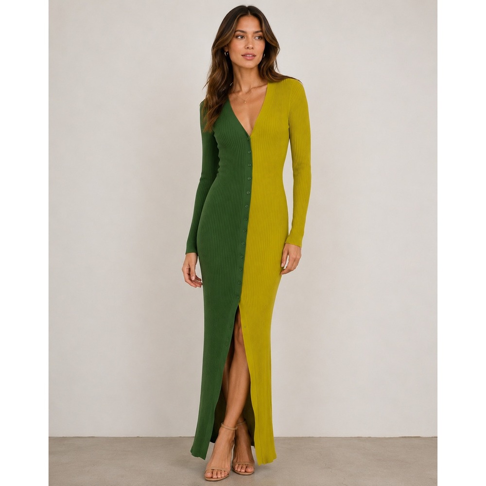 STAUD Shoko Midi Dress Women XS Green Yellow Ribbed Knit Cardigan